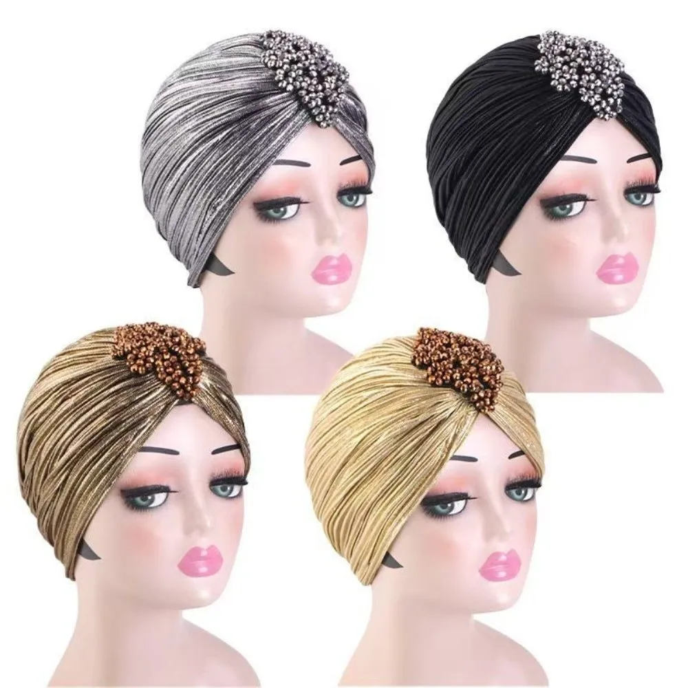 Top Knot Arabischer Nationalhut Perlenverziertes Einfarbiges Ethnisches Kopftuch Elastischer Stretch-Turban Retro Plissiertes Kopftuch – Detail 8