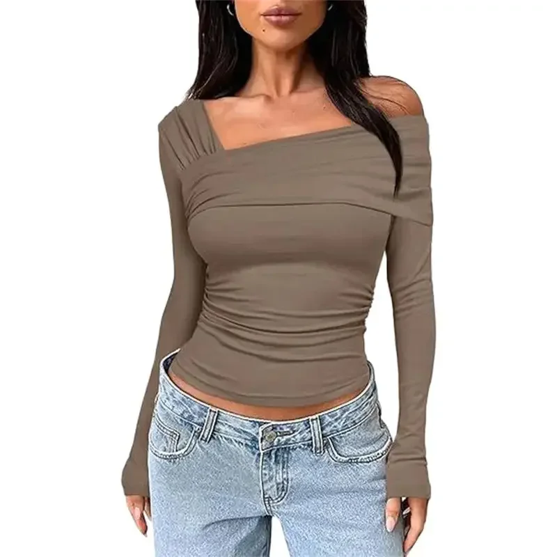 

Fashion Pleated One Shoulder Long Sleeve T-Shirt Women Solid Color Slim Stretch Tops Elegant Female Office Commuter Casual Tees