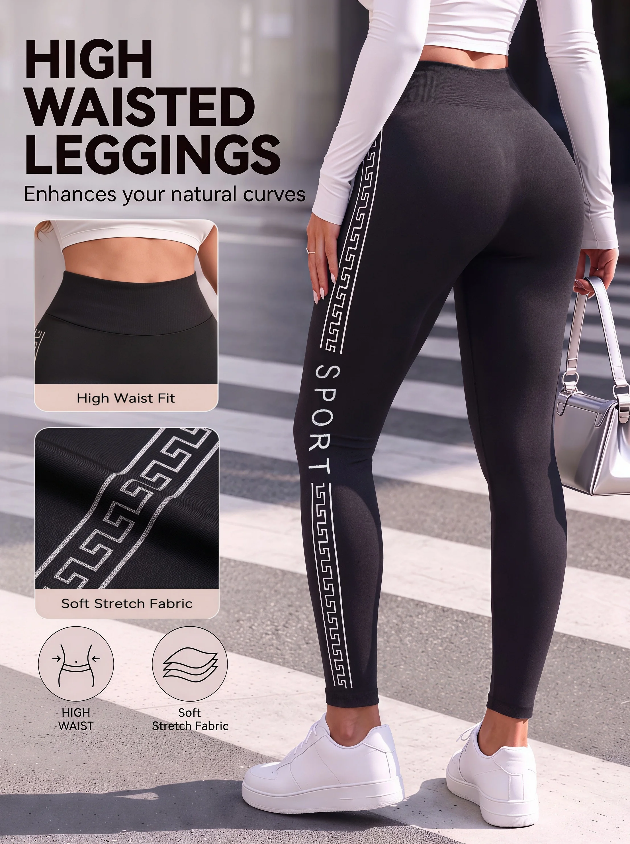 Women High Waist Vintage Geometric SPORT Print Knitted Skin-Friendly Stretchy Leggings for Daily Outings Casual Long Pants