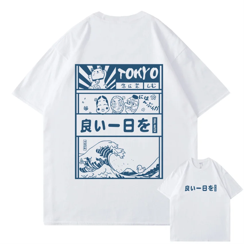 Men Hip Hop Streetwear T-Shirt Japanese Kanji Cartoon Great Wave Tokyo T Shirt Harajuku Cotton Short Sleeve Tshirt Summer