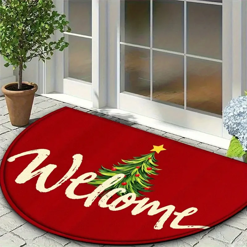 

VIKAMA Christmas red background with"Welcome" printed Washable soft flannel entrance Half Round floor mat home entrance Decor