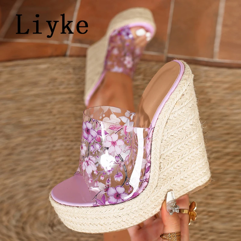 Liyke Size 35-42 Platform Wedge Slippers Sexy Fashion Thick Bottom Open Toe Super High Heels Sandals Women Print Flower PVC Shoe
