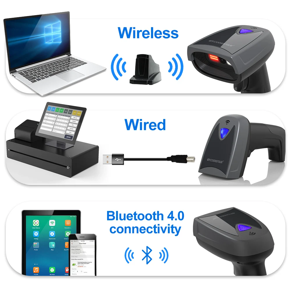 GTCODESTAR X-1801B Scanner de codes à barres USB portable sans fil 1D 2D lecteur de code Qr avec base de chargement