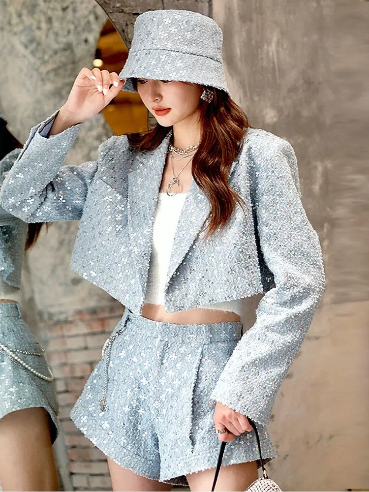 Women Spring Autumn Exquisite Sequined Blazers Jacket Beaded Cardigan Jacket Turn Down Collar Tops + Shorts Woman Suit 2pcs Set