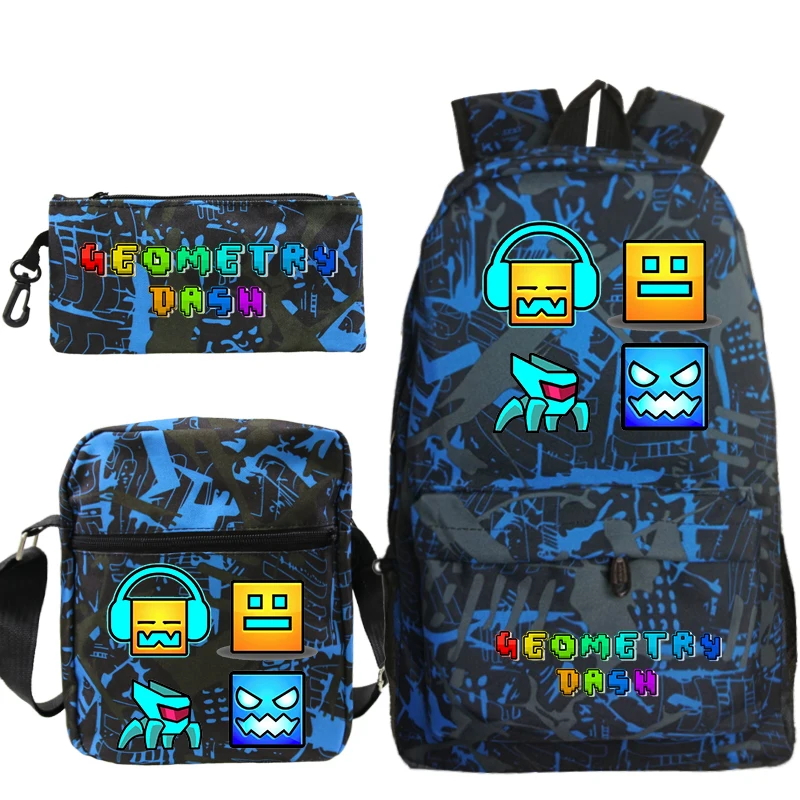 Angry Geometry Dash Print Backpack 3pcs Set Funny Cartoon School Bag For Boys Girls Nylon Backpack Travel Sport Portable Bookbag