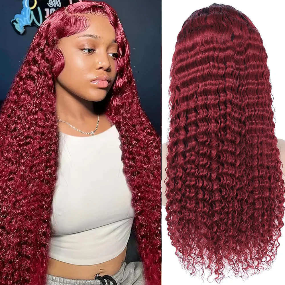 Deep Wave Lace Front Human Hair 99J Burgundy Red Colored 200 Density 13x4 13x6 Deep Wave HD Wigs Human Hair for Women