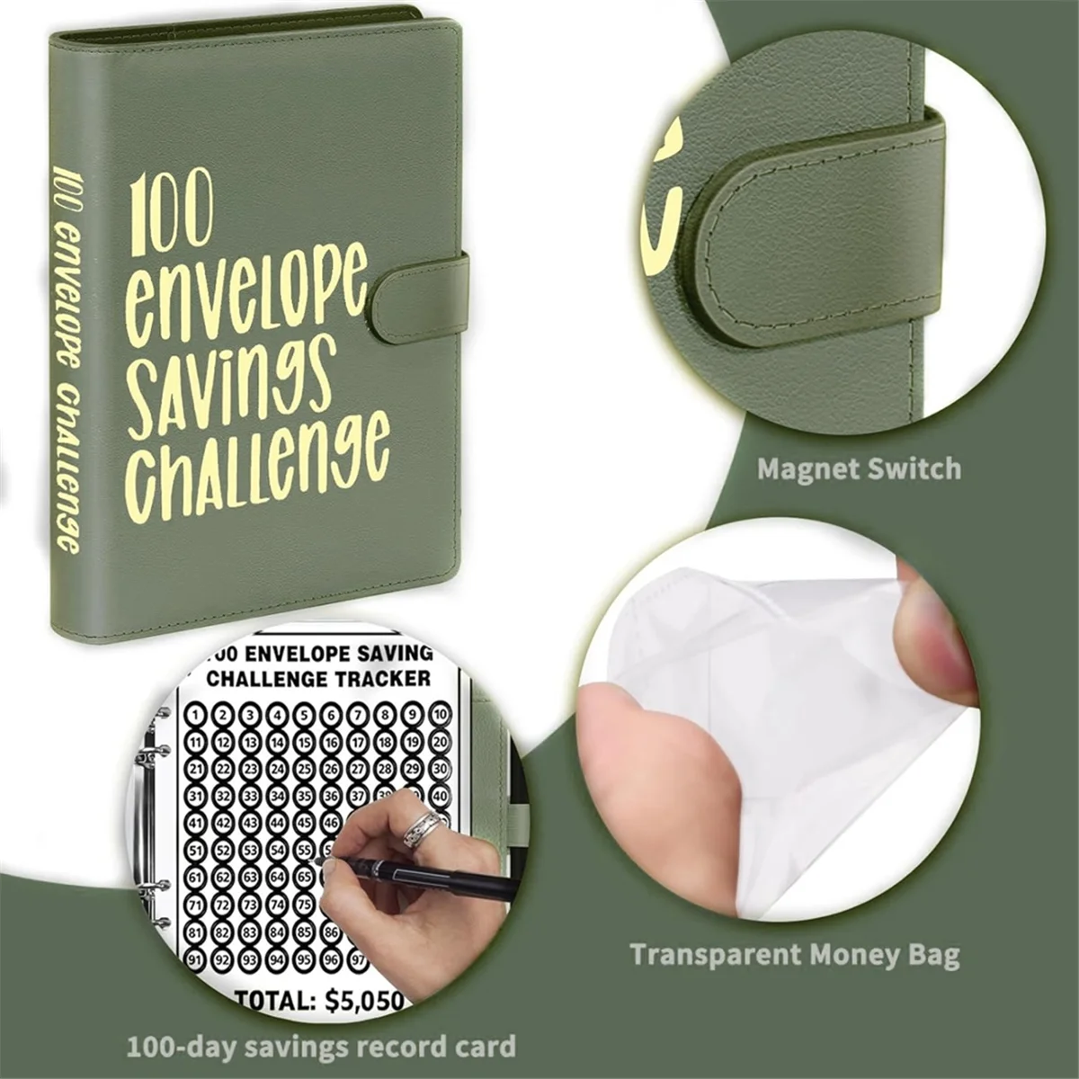 Envelope Money Saving Envelope Binder, A5 Money Saving Budget Binder, Economize 5.050 com o desafio de poupar dinheiro, verde, 100