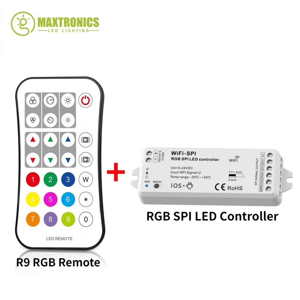 5-24VDC RF WiFI RGB SPI LED Controller IC Type Pixel Strip With APP Control ,WiFi-SPI+R9 RGB Remote For WS2812 WS2815 LED Strip