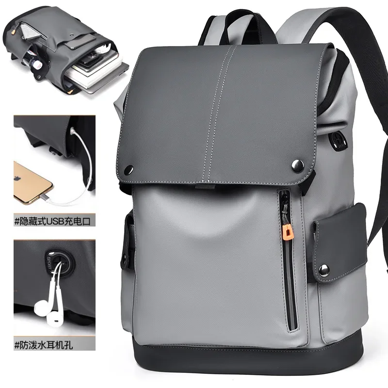 High Quality Men's Laptop Backpack Large PU Leather Waterproof Computer Backpack for Business Man Backpack with USB Charging