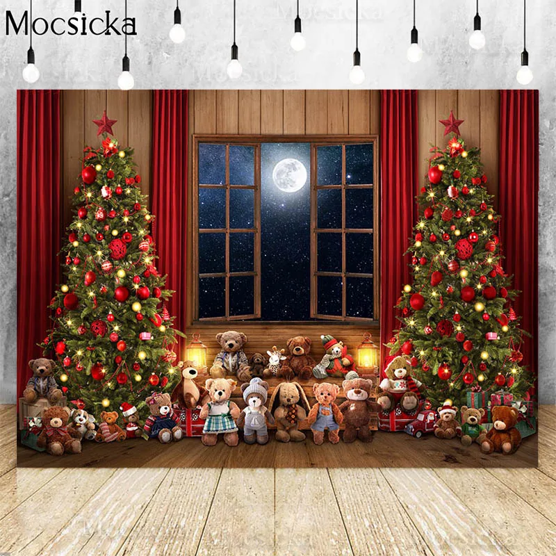 Mocsicka Christmas Toy Bear Backdrops For Photography Window Board Snow Xmas Tree Child Portrait Background Photo Studio Decor