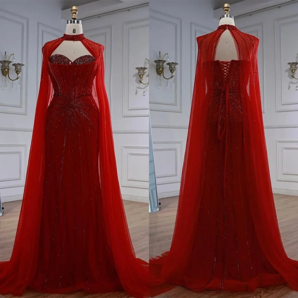 

Customized Exquisite Burgundy Organza Evening Dress Formal High Neckline Shawl Lace Up Back Beading Special Occasion Gowns