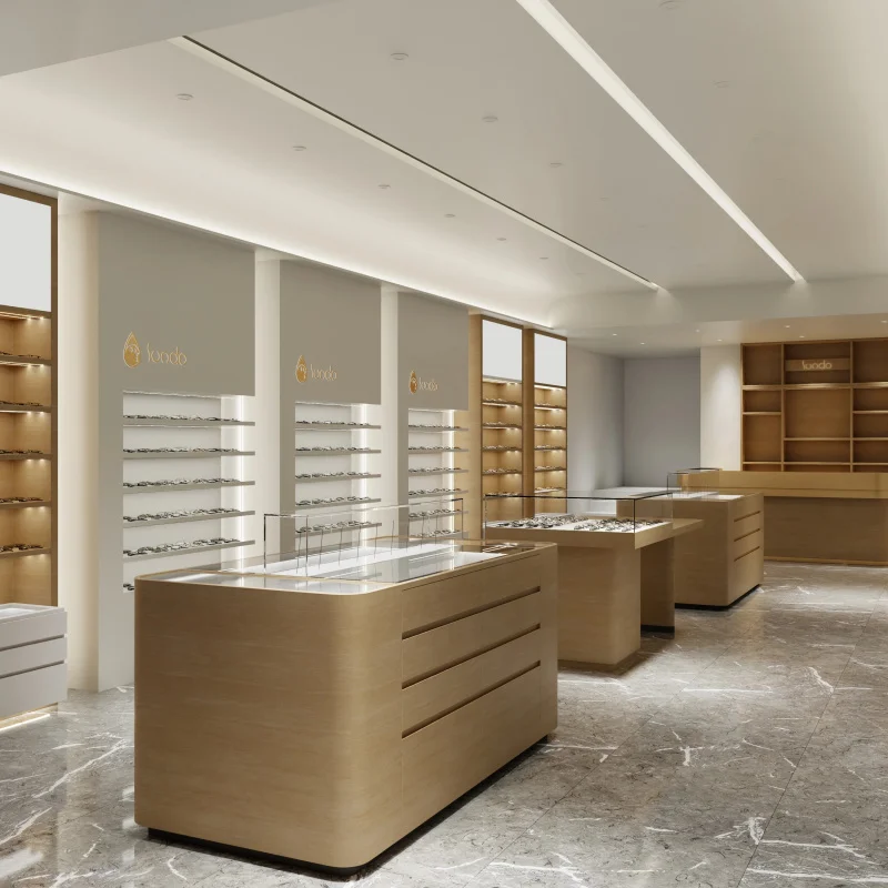 custom.Wooden Optical Display Furniture Tempered Glass Showcase LED Lighting Modern Interior Design Retail Di