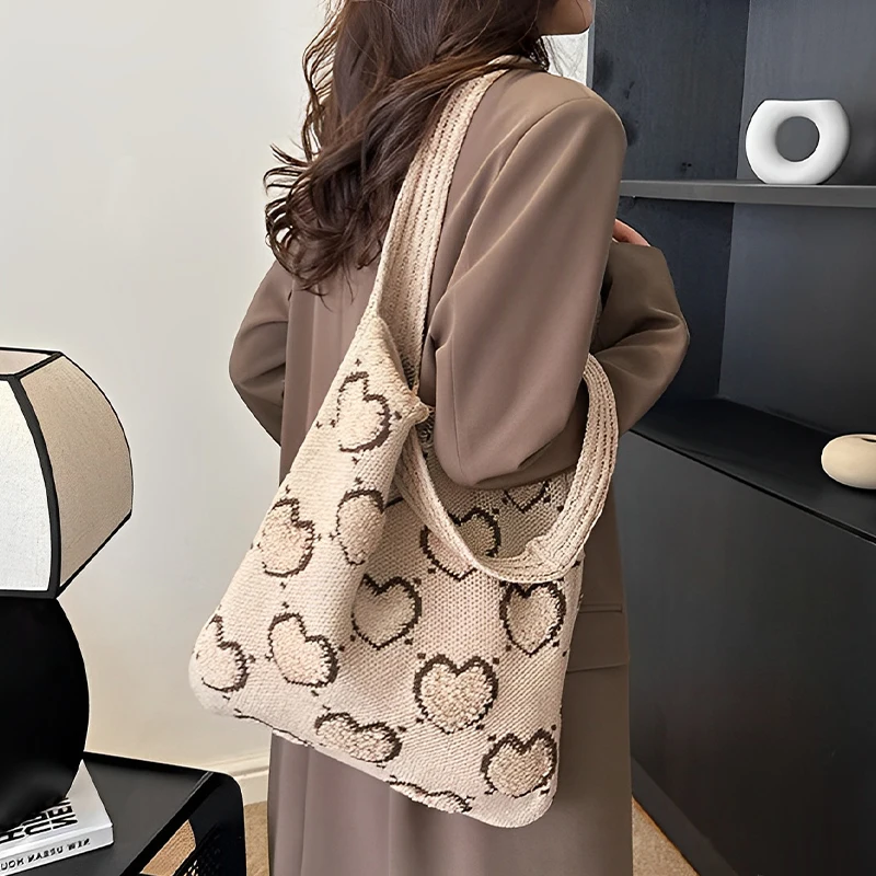 Moda bolsa de malha bolsa de ombro amor bolsa de compras