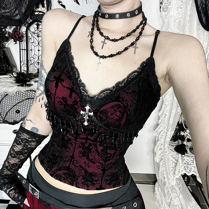 Vintage Mall Gothic Flocking Camisole Women Aesthetic Fairycore Grunge Y2k E-girl Lace Patchwork Beading Crop Tank Tops image 2