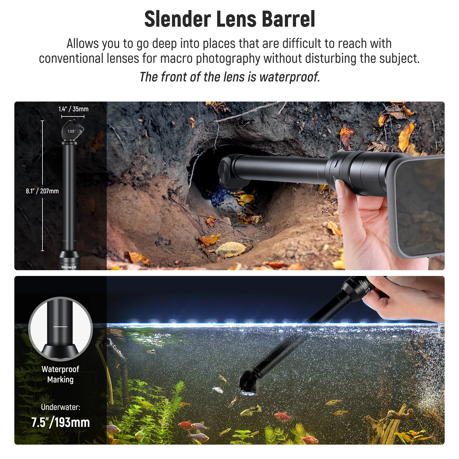 ใหม่ 135 °   18 มม.2X Macro Probe เลนส์ 17 มม.สําหรับโทรศัพท์มือถือการบันทึกวิดีโอ, สําหรับ NEEWER โทรศัพท์/เคสโทรศัพท์