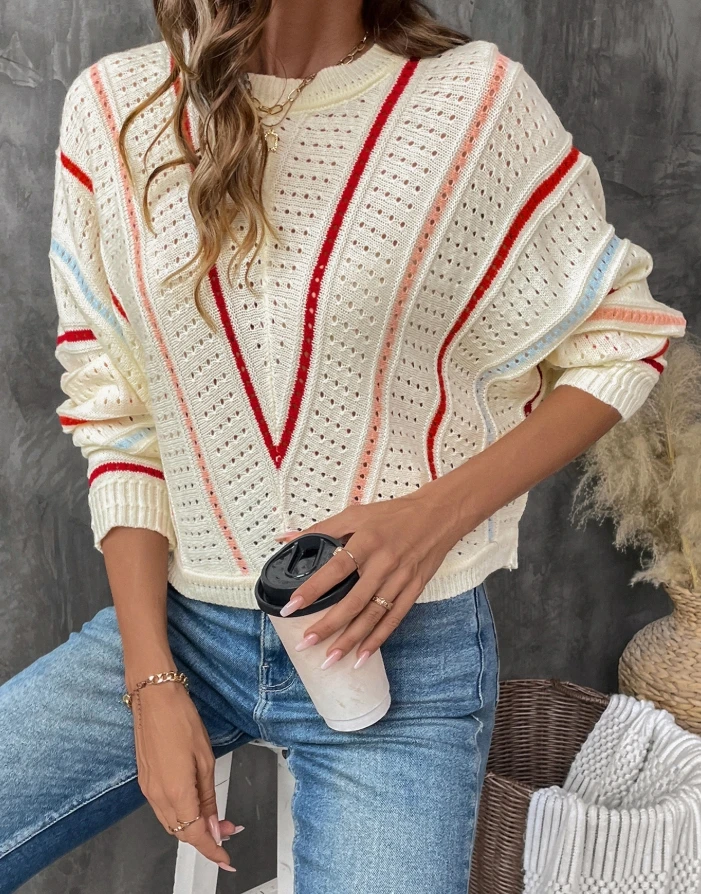 Colorful striped sweater round neck pullover knit sweater