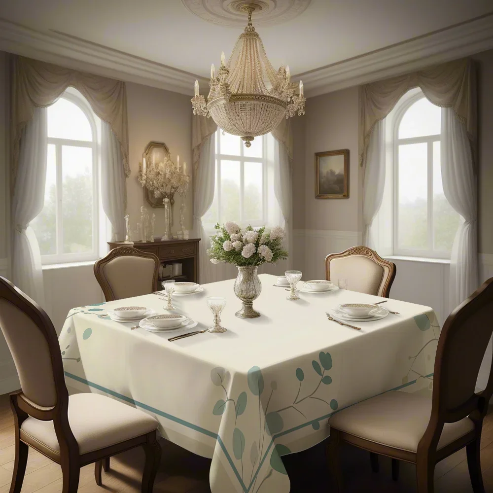 JIT1pc New Style Printed Square Tablecloth in Light Beige Color, with Fresh Blue Lines as Border Decoration, yzb