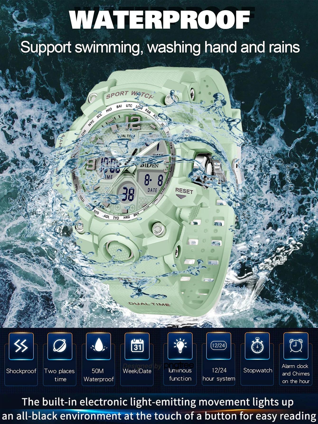 BIDEN Fashion dual display sports watch waterproof timing quartz watch suitable for both men and women digital clock luminous