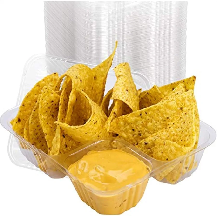 

AntiSpill Durable 5x6 Inch Plastic Nacho Trays 100Pk. Versatile Plastic Dishware Plate Reusable 2 Compartment Boats Great for D