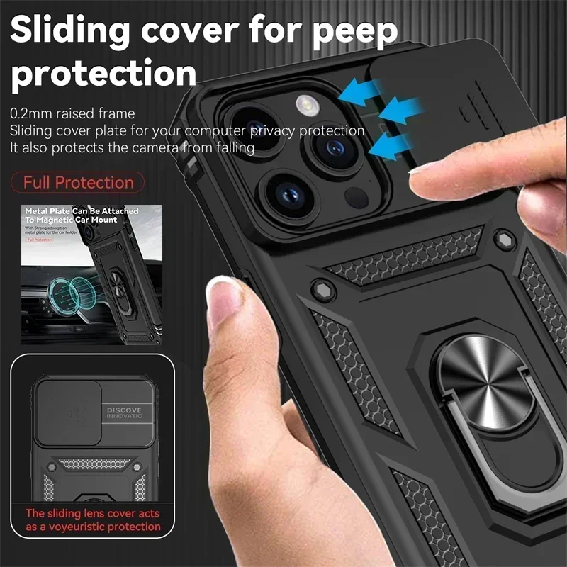 

For iPhone 11 12 13 14 15 Pro Max Case Slide Camera Armor Phone Case For iPhone 15 Plus X XS XR 13 14 Pro Stand Ring Back Cover