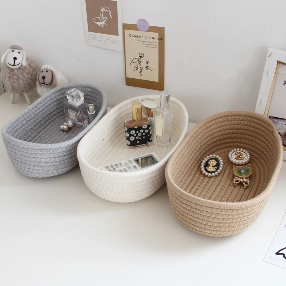 Hand Woven Desktop Organizer Storage Basket Kids Toys Sundries Storage Box Cotton Rope Woven Storage Baskets Cosmetic Containers