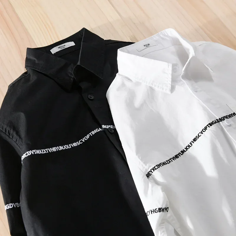 

New 100% Cotton Long Sleeve Man Shirts Spring Summer Daily Casual White Shirt Men Letters Embroidery Shirt Korean Fashion Tops