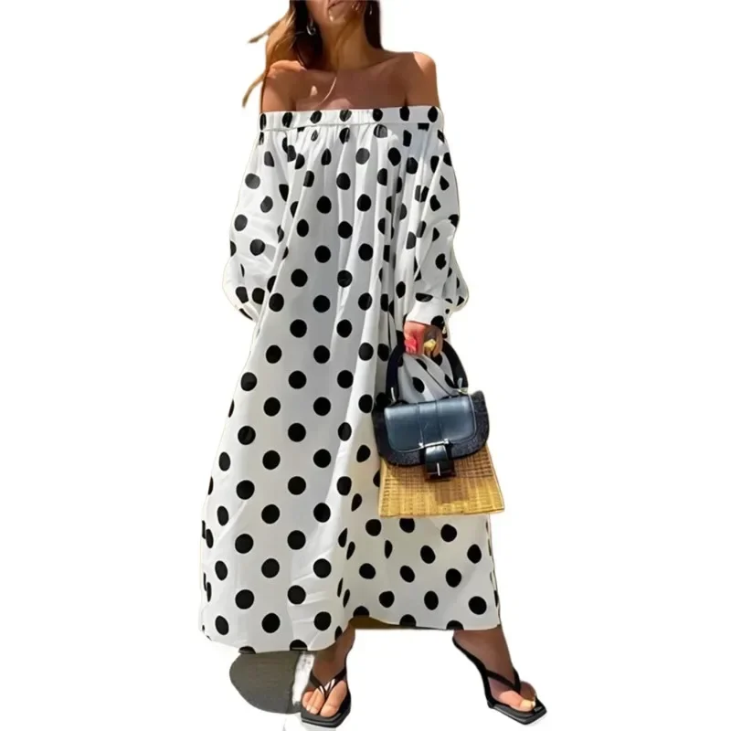 Lemongor Female Stylish Polka Dot Off-the-shoulder Vacation Dresses 2024 New Spring Long Sleeve Loose Casual Korean Dress