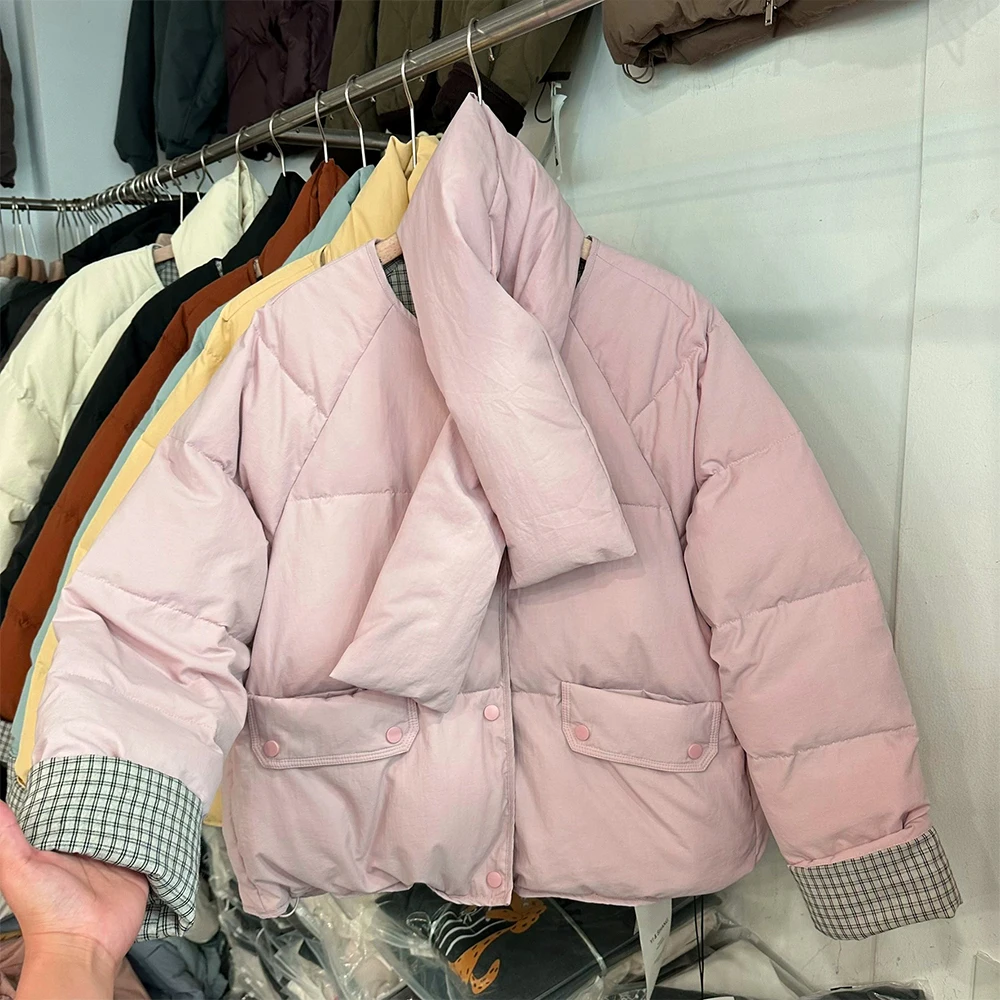 

Pink Scarf Collar down Cotton Jaet Women's plus Size Warm Thiened Korean Sle Anti-Aging Good Looking Winter Coat