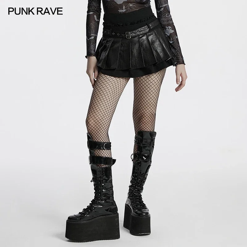 

PUNK RAVE Women's Punk Leather Energetic Pleated Skirt Ruffled Lace Personality Sweet Cool Playful Lively Dark Short Skirts