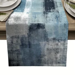 1pc Luxurious Linen Dusty Blue Table Runner Long Abstract Art Design Thanksgiving Holiday Dinner Decoration Durable Tablecloth
