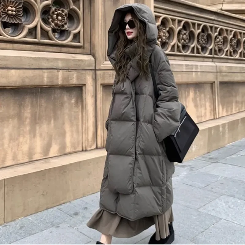 2025 New Winter Thick Warm Cotton Padded Snow Parka Scarf Loose Long Gray Loose Jacket Women