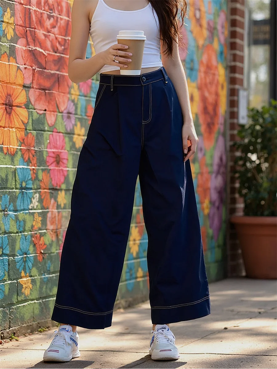 

Мешковатые джинсы с широкими штанинами, женские эластичные джинсы с вышивкой и высокой талией, расклешенные плиссированные лоскутные синие прямые карманы для ног