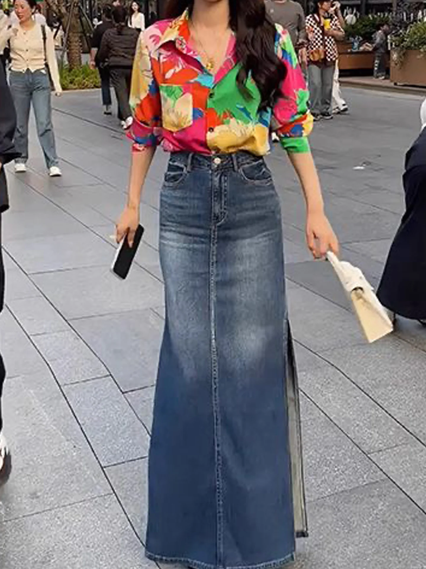 Retro High Waist Slit Denim Skirt Women's Fashion Autumn New Style Slimming Versatile Long Skirt European Style Casual Fit