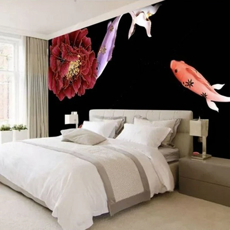 A beautiful 3D stereoscopic peony with fish every year luxurious home decoration bedroom background wall