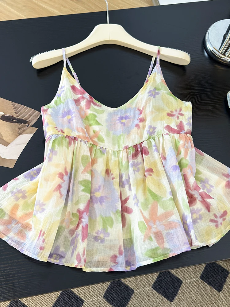 Authentic Summer Floral Print Strap Top Women's Sleeveless Lightweight Vest Top Country Style Casual Wear Polyester Fiber