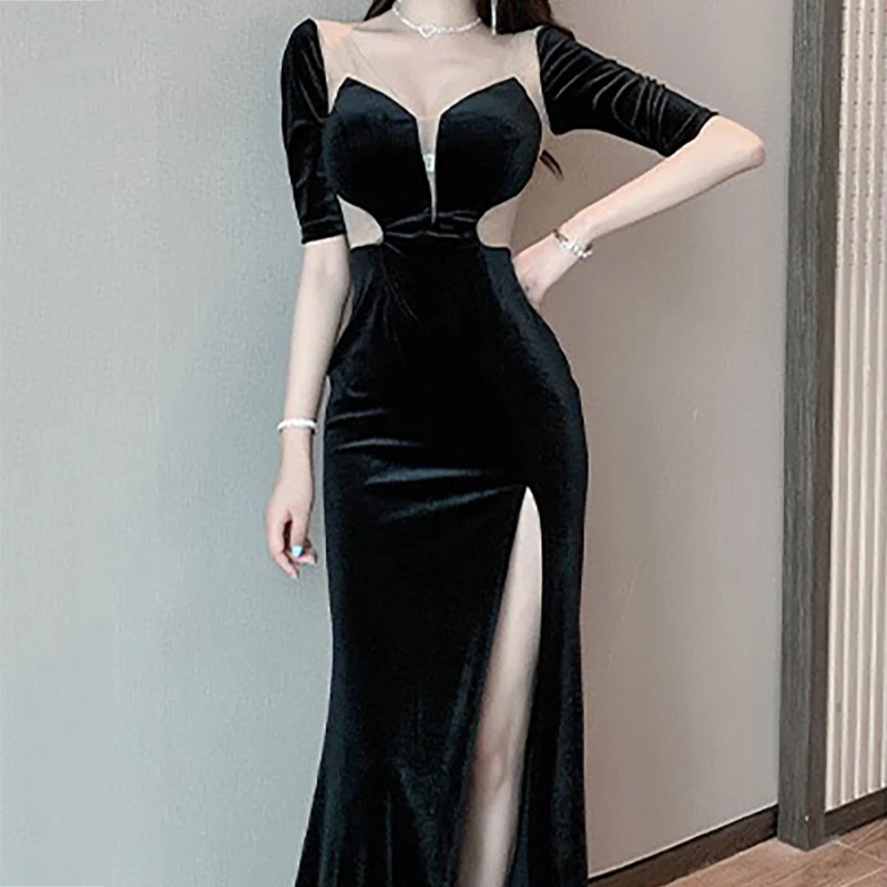 Summer Sexy V Neck Hollow Long Dress 2024 New Korean Elegant Black Dress Fashion Solid Evening Dress Buttocks Wrapped Dress