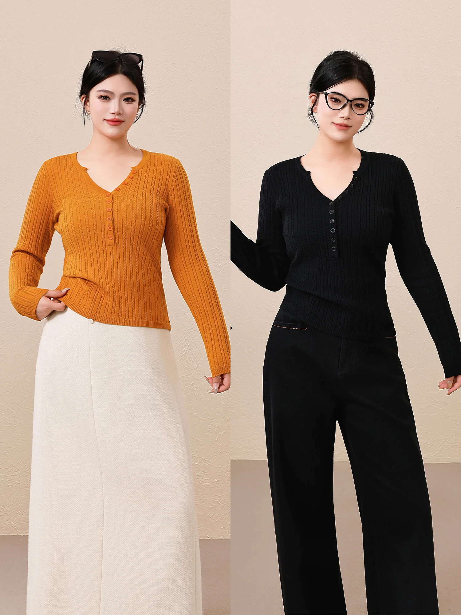 

Versatile Button-Up Winter Sweater for plus Size Women Comfortable Polyester Blend Long Sve V-Ne Warm Knitted Top