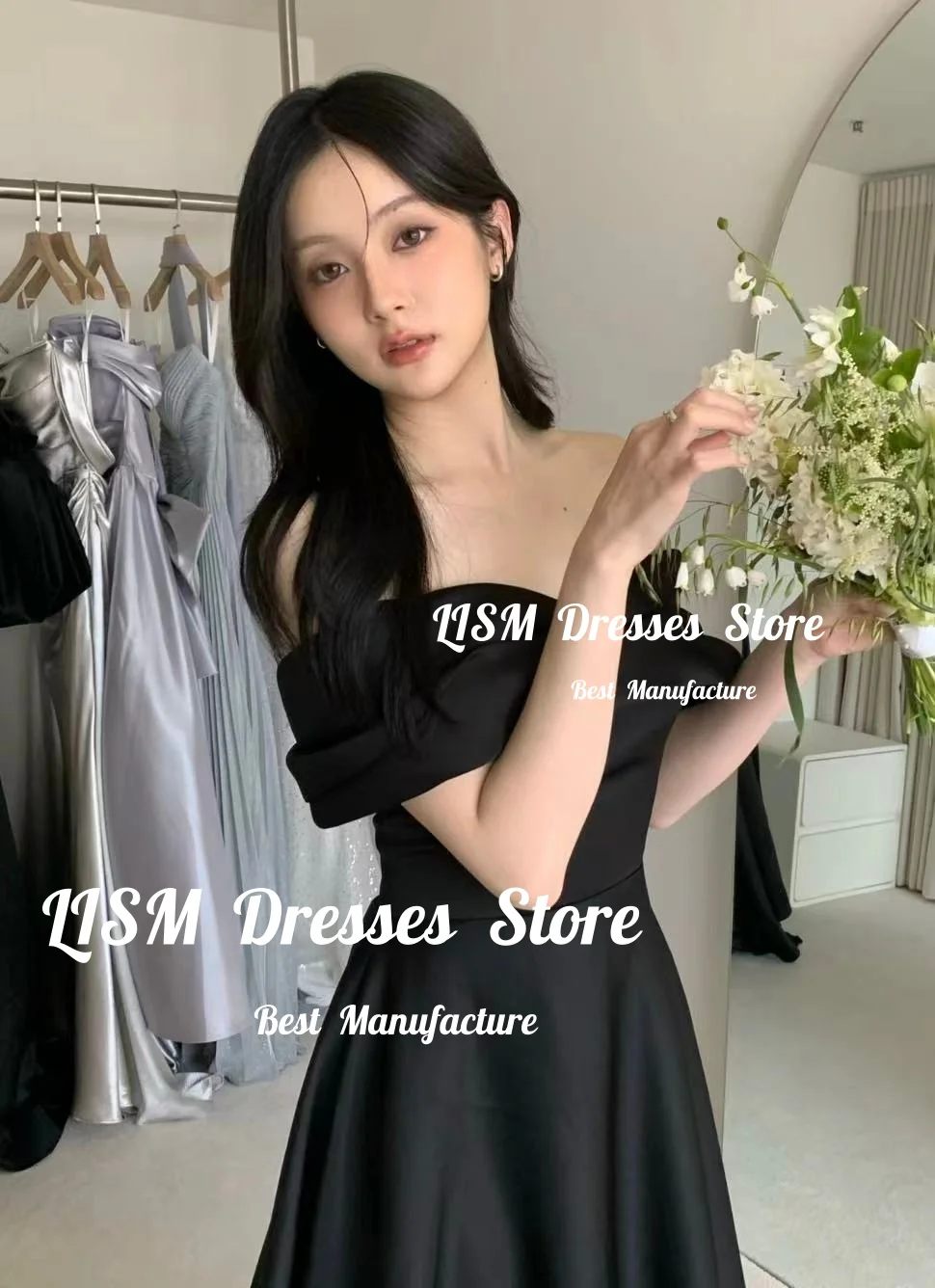 Lism Elegant Black Wedding Party Dress Off Shoulder Floor Length A-Line Korea Photo shoot Bridal Reception Gown Customized 2026