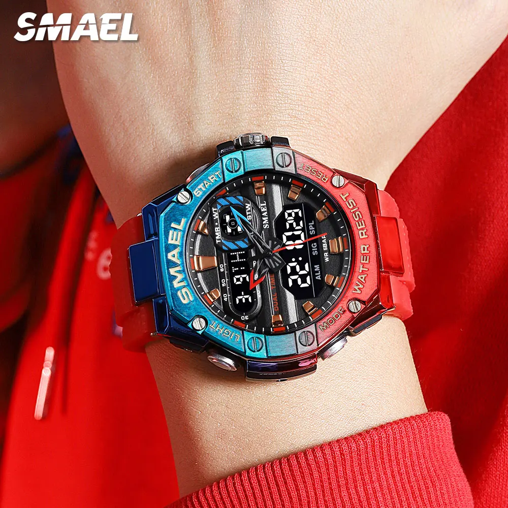 SMAEL Dual Time Red Digital Watch Men Military Sport Chronograph Quartz Electronic Wristwatch with Date Week Waterproof 8066