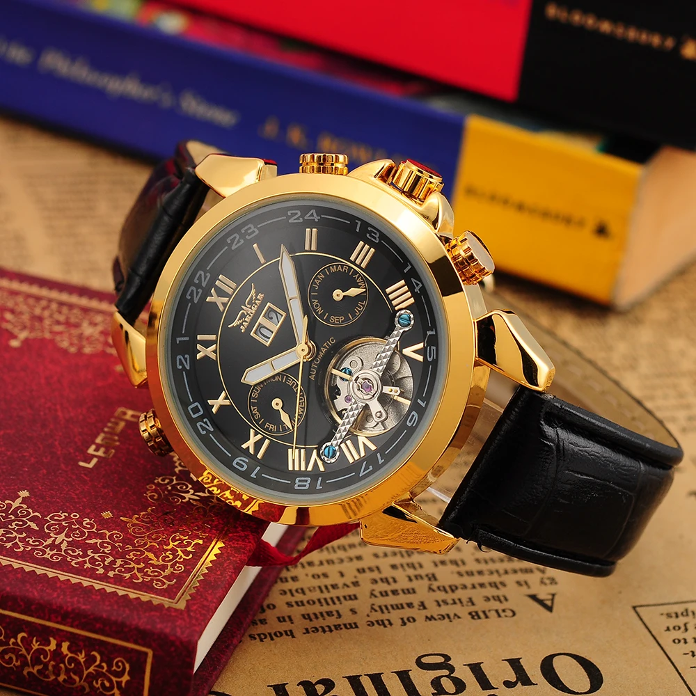JARAGAR Mens Dress Watch Minimalist Luxury Tourbillon Automatic Mechanical Dual Time Auto Date Day & Month Classic Leather Strap