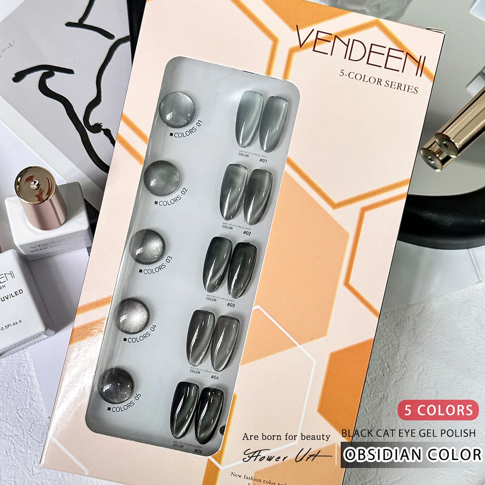 Vendeeni 5 Farben/Set Schwarzer Kristall-Katzenaugen-Gel-Nagellack Magnetischer UV-Soak-Off-Gel-Lack Obsidian-Katzenaugen-Gel mit Display – Detail 13
