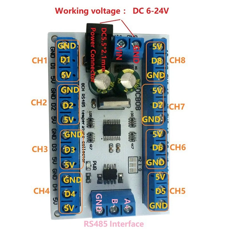 ELETECHSUP-8Ch Ds18b20 Rs485 Modbus Rtu 온도 제어 센서, 원격 디지털 모듈, PLC R4DCB08