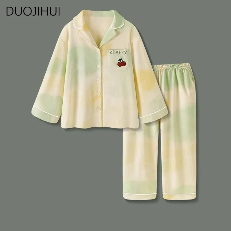 DUOJIHUI Two Piece Loose Casual Home Pajamas for Women New Sweet Cardigan Simple Fashion Pant Contrast Color Female Pajamas Set