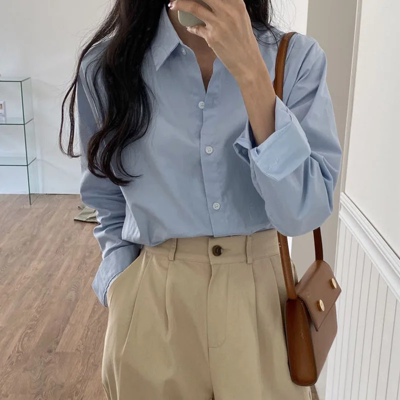

Chic Spring Basic Sle Candy Color Skin ow Long Sve Loose Casual irt Women's Top Button up Korean Straight Cut