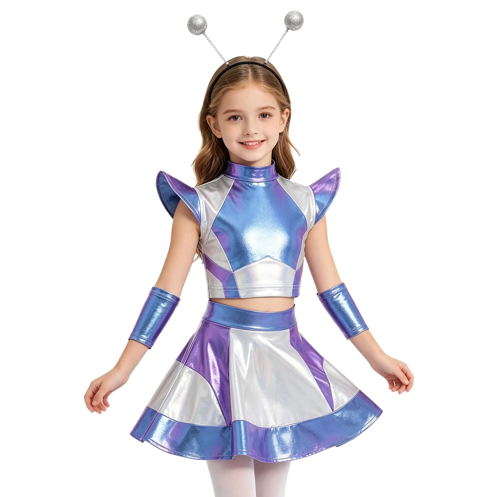 Disfraz de Astronauta Robot Espacial Alienígena para Niñas, Top Corto Metálico con Falda, Mangas y Diadema, Traje de Baile Jazz para Halloween y Carnaval