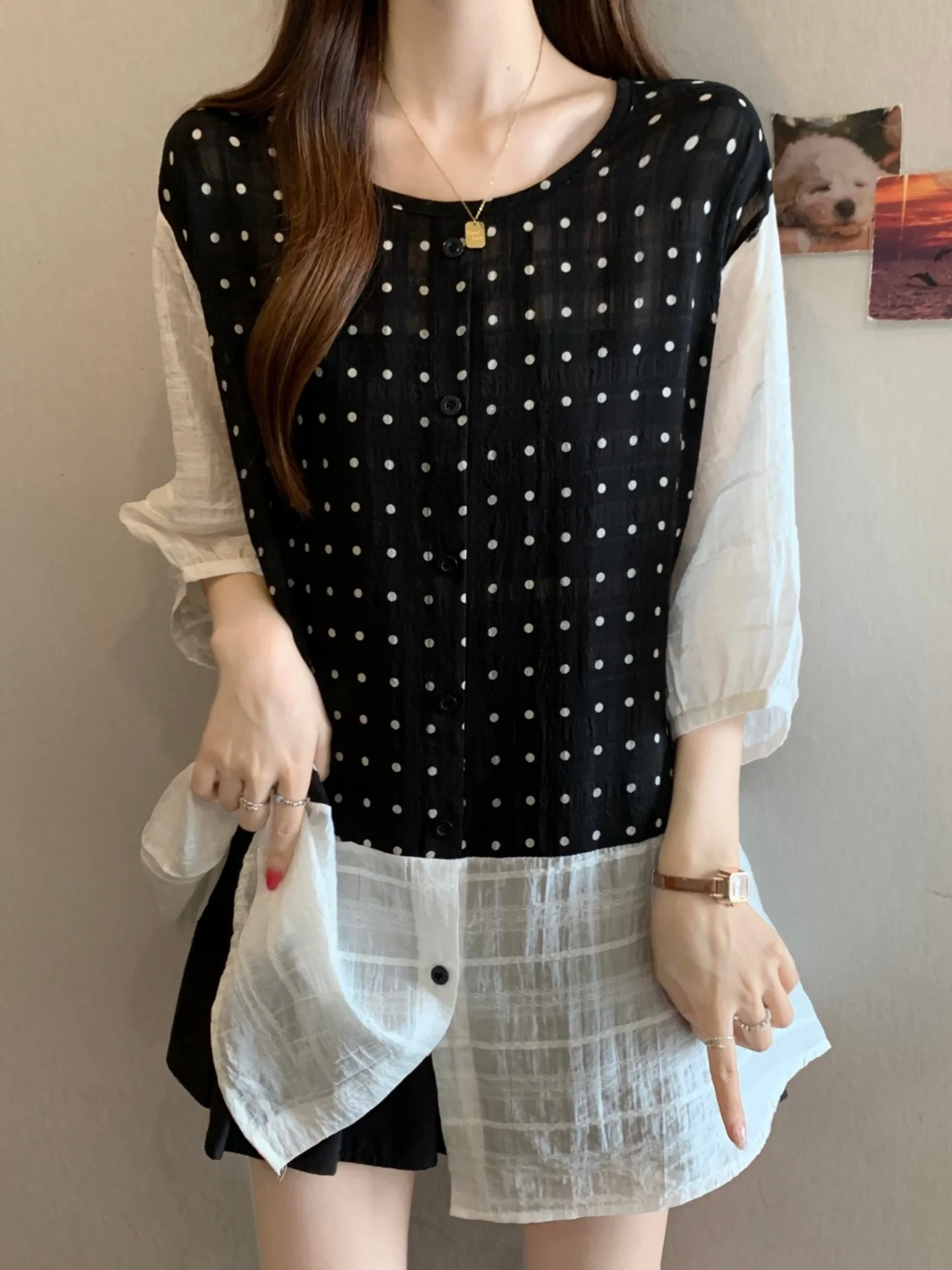

Summer New plus Size Women's Polka Dot Short Sleeve Shirt Mid-Length Slimming Top Large Size MM Fake Two-Piece Commute Style