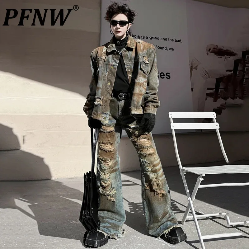 PFNW Ripped Men Denim Sets High Street Lapel Patchwork Men's Short Coats Personality Contrast Color Tassel Male Trousers 9C4157