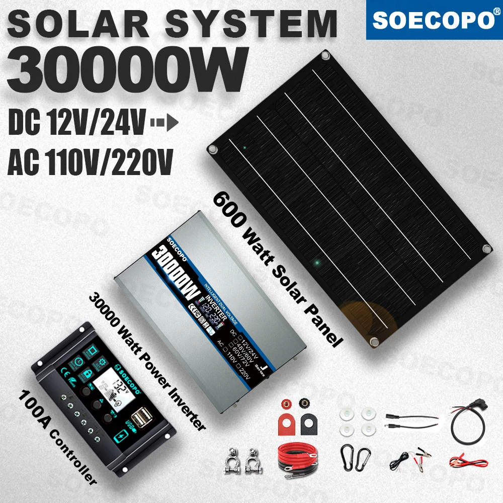 

SOECOPO 30000W Peak Solar System Kit 600W Panel 100A Controller 12V24V To 110V 220V Inverter Generator for Home Charger Off Grid