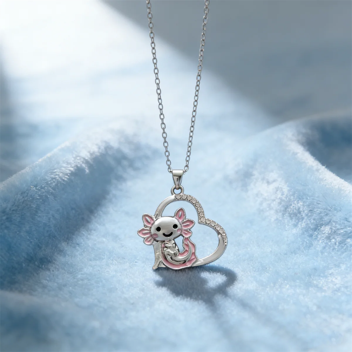 Cute Sparkly Pink Heart Cubic Zirconia Axolotl Alloy Pendant Necklace for Daily Wear/Birthdays/Festival Gifts/Fantasy Lover Gift
