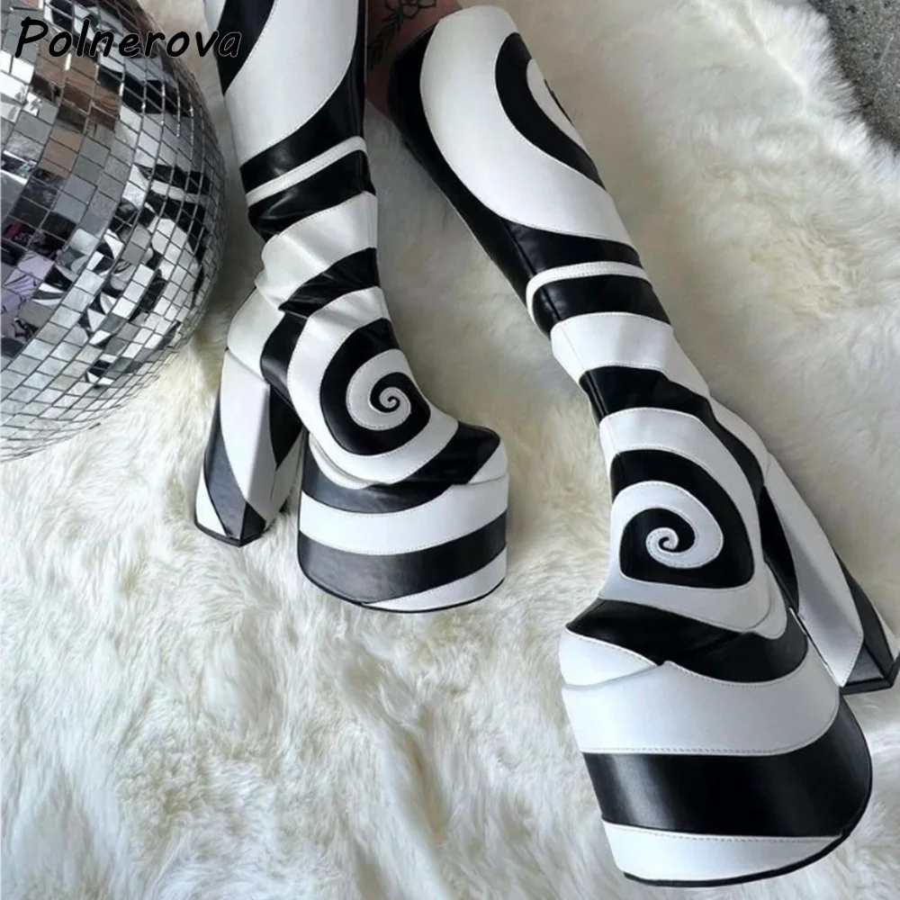 أسود أبيض دوامة أحذية طويلة منصة حذاء بكعب سميك عبر تعادل المرقعة حذاء برقبة للركبة 2025 شتاء دافئ مثير أحذية أنيقة #1